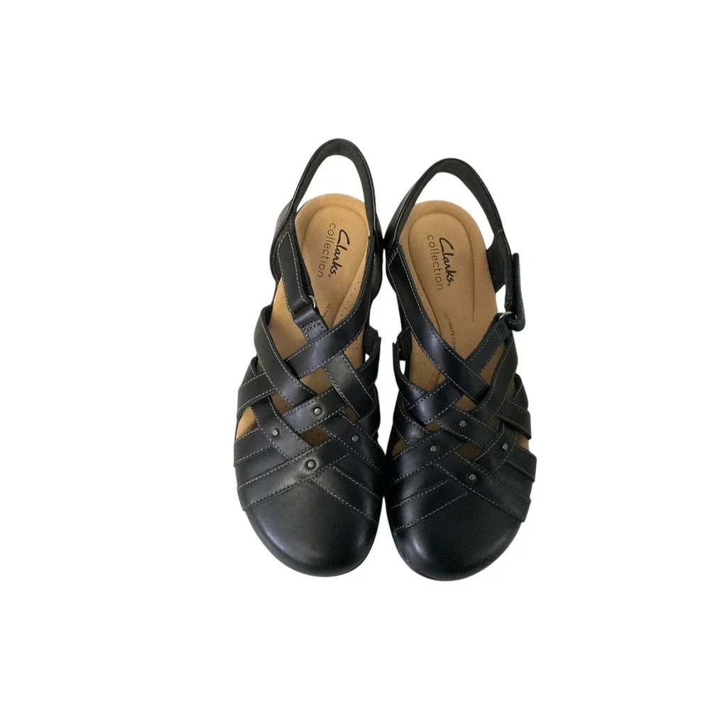 Clarks Collection Women Black Leather Strappy Comfort Slingback Sandals Size 8‎
